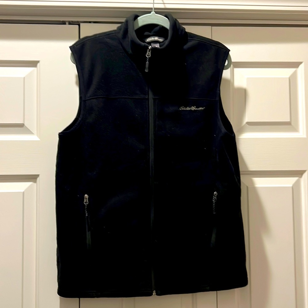 Mens black fleece vest by Eddie Bauer.